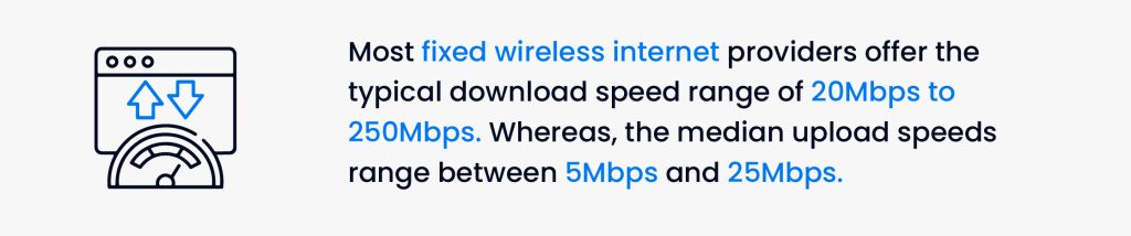 Images highlights the following information: "Most fixed wireless internet providers offer the typical download speed range of 20Mbps to 250Mbps. Whereas, the median upload speeds range between 5Mbps and 25Mbps". On left side it show download and upload icon. 